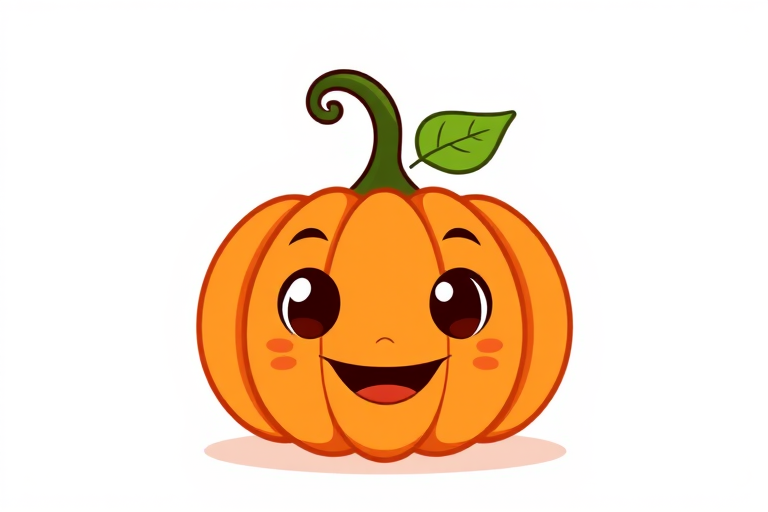 Create a cute cartoon pumpkin with a happy face large expressive eyes and a small smile add a green leaf and a curved stem on top use bright orange color for the pumpkin and keep the background simple and white