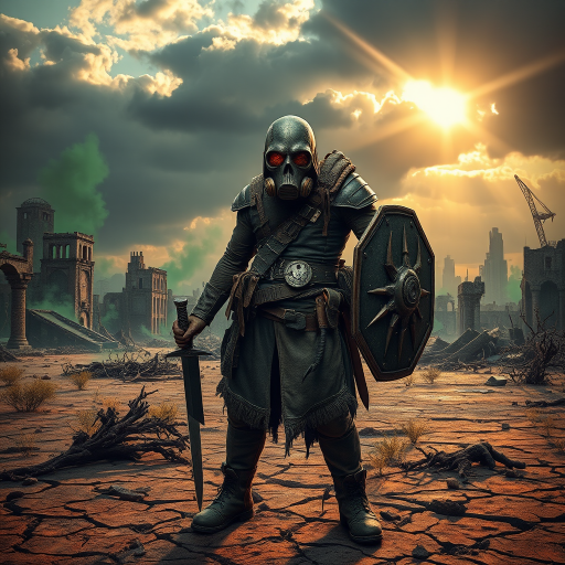 A post-apocalyptic wasteland with a lone figure, The Last Warden, standing in the foreground. He wears a skull-like gas mask, with cracked lenses, and a rugged mix of leather and scavenged armor. His attire is weathered and patched, showing signs of long battles and harsh environments. In one hand, he holds a sword made from broken steel, and in the other, a shield made from scrap metal. The background features a desolate landscape with crumbling ruins of a once-thriving city, shrouded in toxic green and orange haze. The ground is cracked, with dead vegetation and twisted remnants of civilization. The sky is ominous, with dark clouds and faint rays of sunlight breaking through, symbolizing a glimmer of hope in the midst of despair. Increase the brightness of the background, making the sunlight more prominent and casting more light on the ruins and the figure to enhance the sense of hope in the scene.
