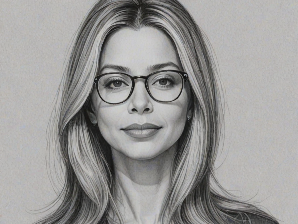 Pleasing Mira Sorvino, pencil sketch, portrait of Gorgeous woman 1962s in glasses, hair style beatnik, outline, clear lines, fine lines, 8k