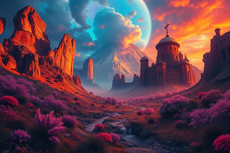 Generate a highly detailed fantasy landscape with vibrant colors and mystical elements, captured with a Canon EOS R5 at f/4.0, ISO 100, 1/125s, wide-angle lens, using a dramatic perspective for depth and clarity.