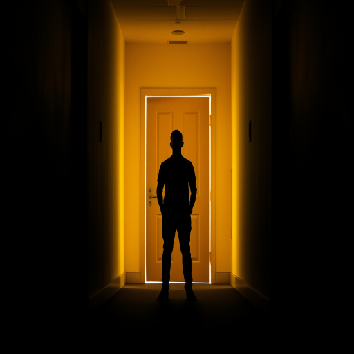 A silhouetted figure standing in a bright yellow doorway within a dimly lit corridor, captured with a Canon EOS R5, 50mm lens, f/1.8 aperture, 1/100 sec shutter speed, ISO 200, using a dramatic lighting style and a shallow depth of field to enhance image quality.