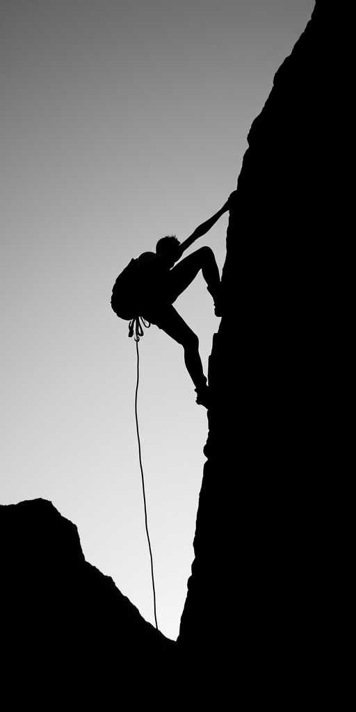 Create a high-contrast black and white silhouette image of a climber in action on a cliff with a shallow depth of field, using a DSLR camera set at f/2.8, ISO 100, and a focal length of 50mm, taken from a low angle to emphasize the climber's pose against a clear sky background.