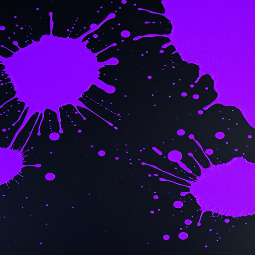 create an abstract image of vibrant purple paint splatters on a black background, using a DSLR camera with a 50mm lens at f/2.8, ISO 100, and a shutter speed of 1/250s, capturing a top-down view with natural light to enhance color saturation and detail.