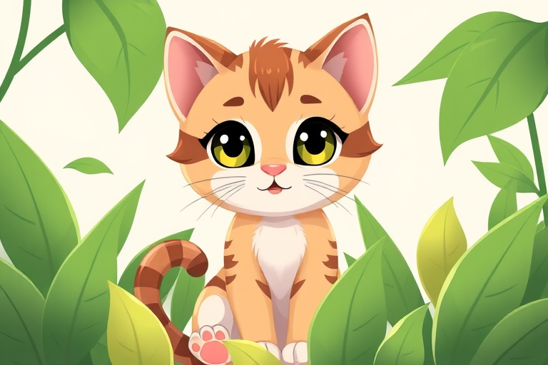 Create a high-resolution illustration of a cute, cartoon-style kitten with large expressive eyes sitting amidst stylized green leaves, using a DSLR camera with a 50mm lens, aperture set to f/2.8, ISO 100, and soft natural lighting for an enhanced quality.