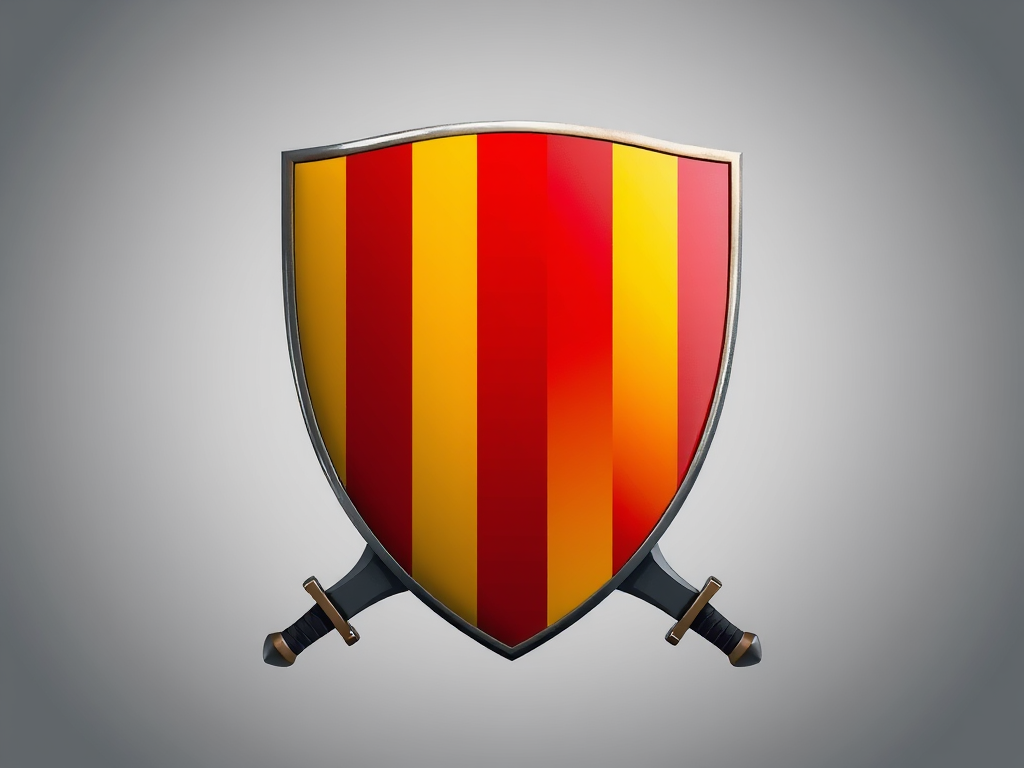 Create a high-resolution image of a shield design featuring alternating red and yellow stripes, surrounded by two crossed swords, shot with a DSLR camera at f/8 aperture, 50mm lens, ISO 100, in a studio setting with softbox lighting for even illumination.