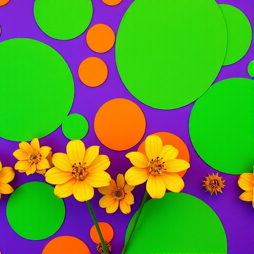 Create a vibrant abstract pattern featuring green and orange circular shapes alongside yellow flowers on a purple background, shot with a DSLR camera at f/8 aperture, ISO 100, 24mm lens, panoramic view, and high dynamic range imaging.