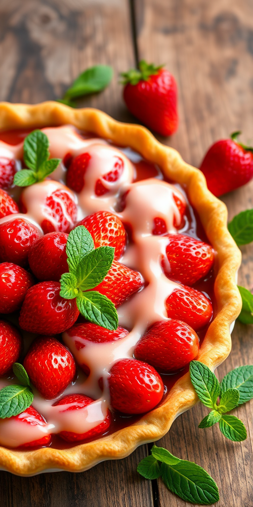 Create an image of a delicious strawberry pie with a golden crust topped with fresh strawberries and a glossy glaze surrounded by green mint leaves on a rustic wooden table.