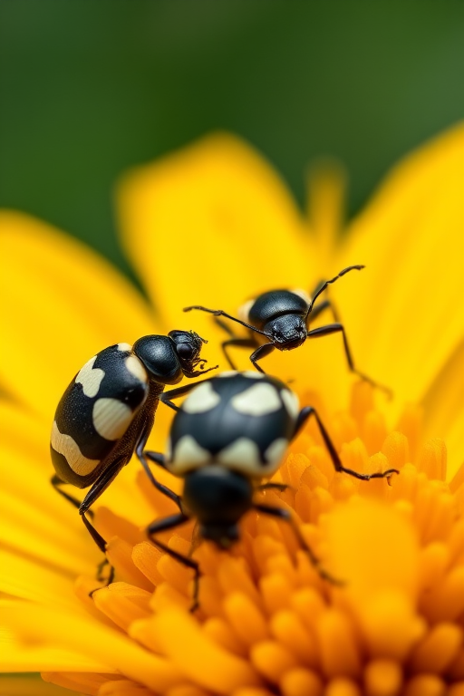 macro photograph of black and white spotted beetles on a vibrant yellow flower, shallow depth of field, f/2.8, 1/200 sec, ISO 100, natural light, 100mm macro lens, DSLR camera, brightly lit background