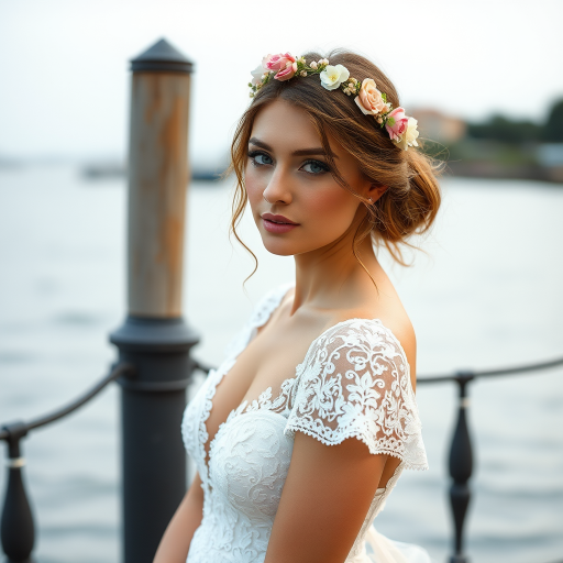 water front scene, bridal model, delicate lace gown, floral headpiece, soft romantic focus, high-key lighting and an 85mm lens for soft, even tones that highlight the model’s face and bright outfit against a white or light background