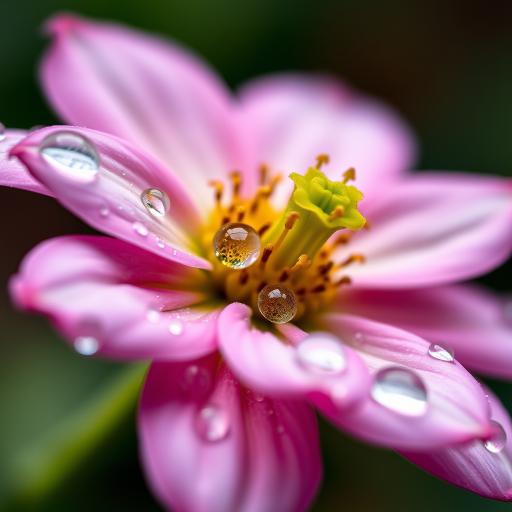 Close-up shot of a flower with water droplets on its petals, shallow depth of field, f/2.8 aperture, 100mm macro lens, ISO 200, natural lighting, captured with a DSLR camera.