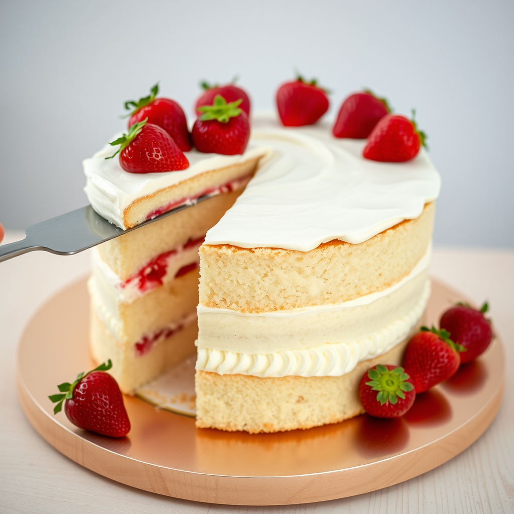 Create an image of a classic strawberry shortcake. The cake should be round and consist of two layers of light, fluffy vanilla sponge. Between the layers, there's a generous spread of whipped cream and whole strawberries. The top of the cake is covered with a smooth layer of whipped cream and decorated with whole strawberries arranged evenly around the edge. One slice is cut out and placed on a cake lifter, showcasing the layers and filling. The cake is set on a round, reflective cake board on a light wooden table, with a soft-focus background.