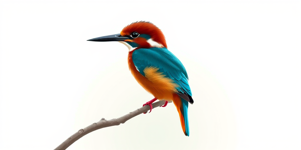 Create a high-resolution illustration of a kingfisher perched on a branch, using vibrant colors and smooth vector shapes, shot with a DSLR camera at f/8 aperture, 1/250 sec shutter speed, ISO 100, in a minimalistic style with a clean white background.