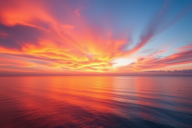 Create a high-resolution image of a dramatic sunset over a tranquil ocean, with vibrant hues of orange, purple, and pink reflecting on the water, taken with a Canon EOS R5, 24mm lens, f/2.8, ISO 100, using a wide-angle view and soft natural lighting.
