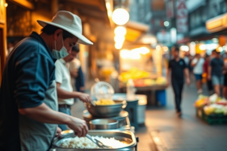Blurry candid shot of a street vendor preparing food at a bustling night market, soft golden light from nearby stalls reflecting off the pavement, with distant shoppers and colorful produce barely visible in the background.