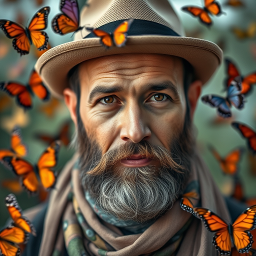 Portrait of a bearded man wearing a hat and a scarf, surrounded by colorful butterflies, shot with a Canon EOS R5, 50mm lens at f/1.8, ISO 100, with soft diffused lighting and a shallow depth of field for a vibrant, artistic effect.