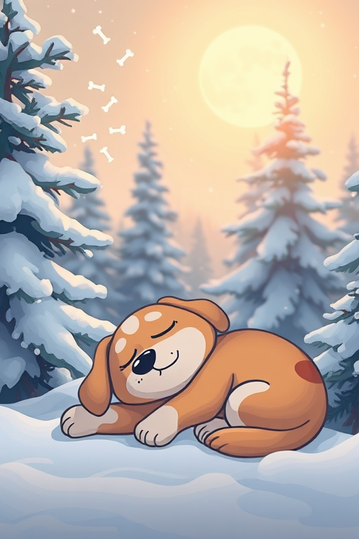 A cozy winter scene featuring a sleeping cartoon dog dreaming of bones, surrounded by snow-covered pine trees and a serene moonlit backdrop, captured with a DSLR camera at f/2.8, ISO 100, 50mm lens, with a soft focus effect to enhance the dreamy atmosphere.