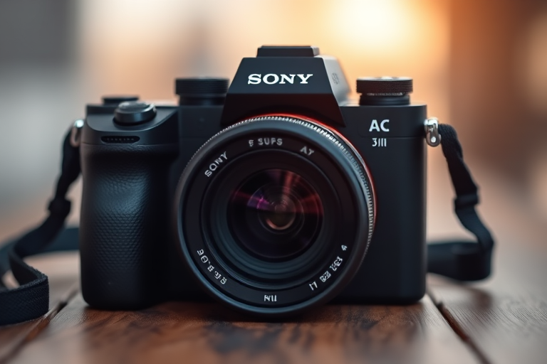 Capture a close-up of a Sony camera on a wooden surface with a shallow depth of field, using a Sony A7 III with a 35mm f/1.8 lens, ISO 100, aperture f/2.8, shutter speed 1/60 sec, natural lighting for a soft, warm atmosphere.