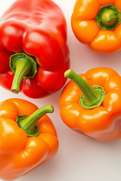 generate a high-resolution image of a red bell pepper and two orange bell peppers on a clean white background, use a DSLR camera with a 50mm lens at f/2.8, ISO 100, natural lighting to highlight texture and color depth, focus on vibrant details and smooth gradients