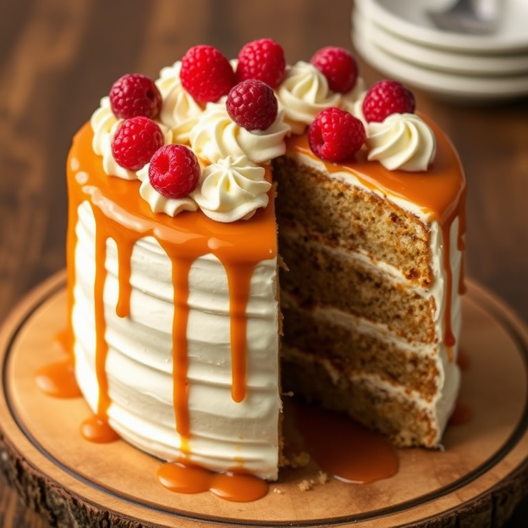 Create an image of a beautifully decorated cake with layers, featuring a smooth cream frosting drizzled with caramel sauce, topped with swirls of frosting and bright red berries for decoration, showing a slice removed to reveal the moist interior and presented on a rustic wooden board.
