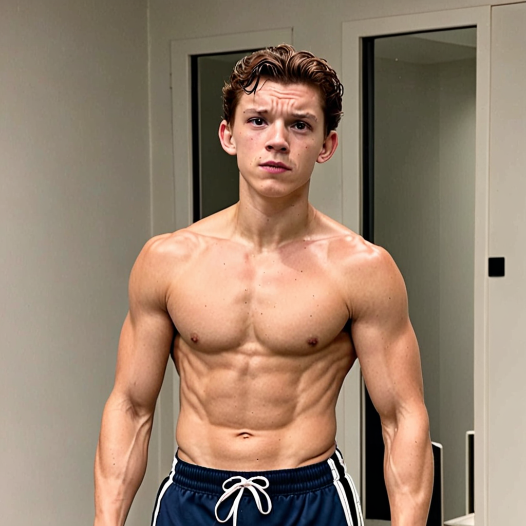 Tom Holland with boxer shorts on. He has a serious face