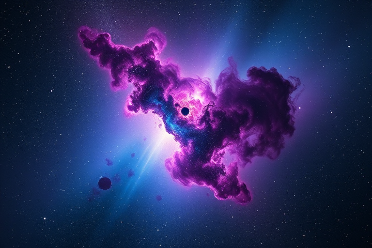 Create a vibrant cosmic scene depicting a nebula with swirling purple and blue colors, capturing detailed star fields in the background, using a Canon EOS R5 with a 24mm f/1.4 lens at ISO 400, shutter speed 1/60 sec, and aperture set to f/2.8 for enhanced clarity and depth.