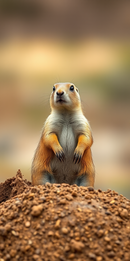 a close-up of a wet prairie dog standing on a mound of dirt with a blurred background, taken with a Canon EOS R5, aperture f/2.8, shutter speed 1/500s, ISO 400, 85mm lens, natural lighting, shallow depth of field