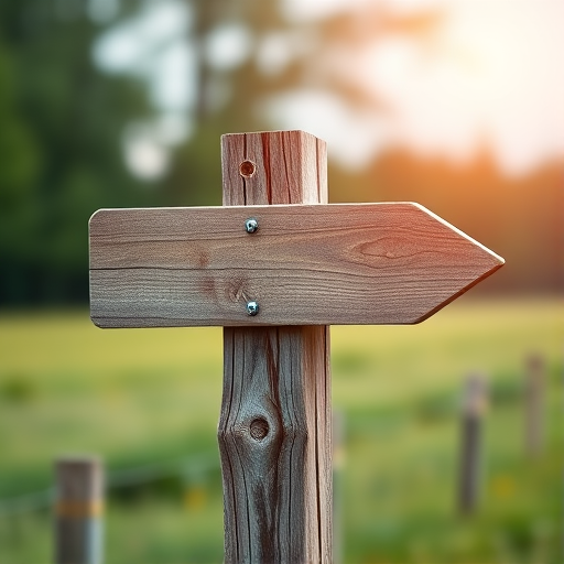 Create a high-resolution image of a wooden signpost with an arrow pointing right, captured with a DSLR camera using a 50mm lens, aperture set to f/2.8, shutter speed of 1/125s, and ISO 100, with a shallow depth of field and a soft blurred background.