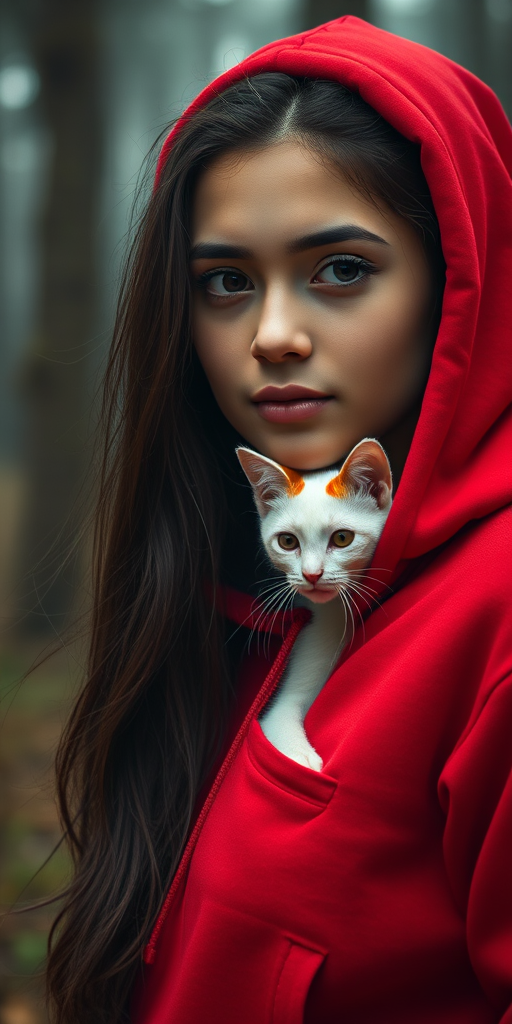 Create a highly detailed portrait of a young woman with long dark hair wearing a red hoodie, featuring a white cat with red markings peeking out from the pocket, set in a misty forest background, using a Canon EOS R5 with a 50mm f/1.2 lens at ISO 100, f/1.2, and a shallow depth of field for enhanced focus on the subject.
