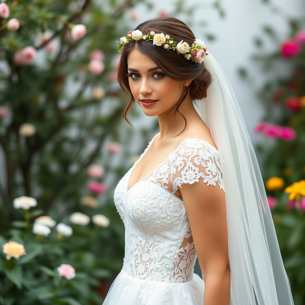 Garden scene, bridal model, delicate lace gown, floral headpiece, soft romantic focus, high-key lighting and an 85mm lens for soft, even tones that highlight the model’s face and bright outfit against a white or light background
