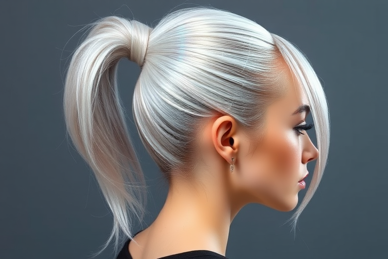 Holographic silver hair styled in a sleek high ponytail with wrapped sections, named "Futuristic Elegance" look, showcasing a mirror-like shine and seamless blending
