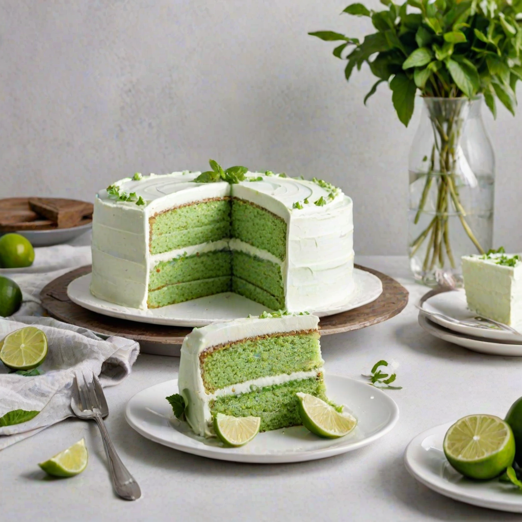 Create an image of a layered mint cake with a smooth white frosting. The cake should have a light green interior and be garnished with fresh mint leaves and lime slices. Display a slice on a white plate in the foreground, showcasing the layers, while the whole cake is elegantly presented on a silver platter in the background. Include a minimalistic kitchen setting.