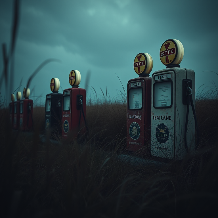 vintage gas station pumps surrounded by overgrown grass, moody atmosphere, soft focus, natural lighting, 50mm lens, f/1.8 aperture, ISO 100, taken with a DSLR camera, low angle view, post-processed for high contrast and clarity