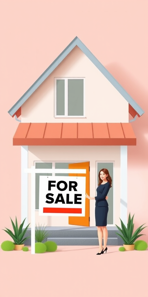 Create an illustration of a modern house with a "FOR SALE" sign outside, featuring a woman in business attire holding the sign, bright colors, minimalistic style, captured with a Canon EOS R5, 50mm lens, f/1.8, 1/200s, ISO 100, in a flat lay perspective with a soft pastel background.