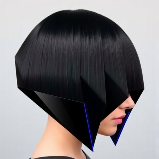 Jet black geometric bob with sharp angles and a glossy finish, dubbed "Obsidian Edge," showcasing a precise, architectural shape and a single neon blue streak