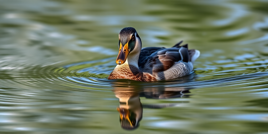 A close-up shot of a duck swimming in calm water, with reflections visible, taken with a Canon EOS 5D Mark IV, 300mm lens, f/4 aperture, 1/500s shutter speed, ISO 400, natural lighting, and a shallow depth of field to enhance background blur.