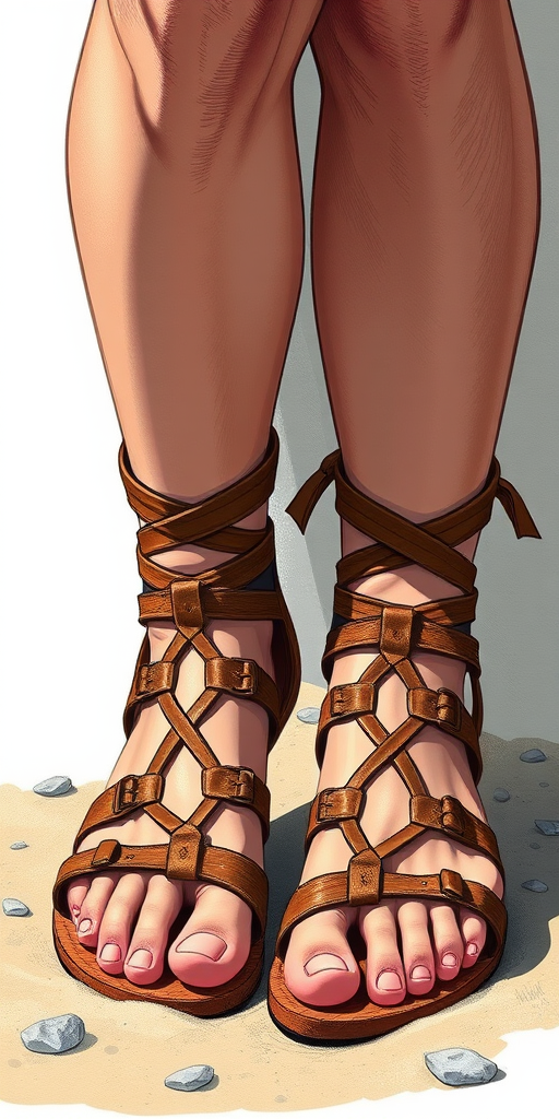 Create a detailed illustration of feet wearing gladiator sandals, emphasizing texture and color, shot with a DSLR camera at 50mm, f/1.8, ISO 100, with natural lighting from the side for soft shadows.
