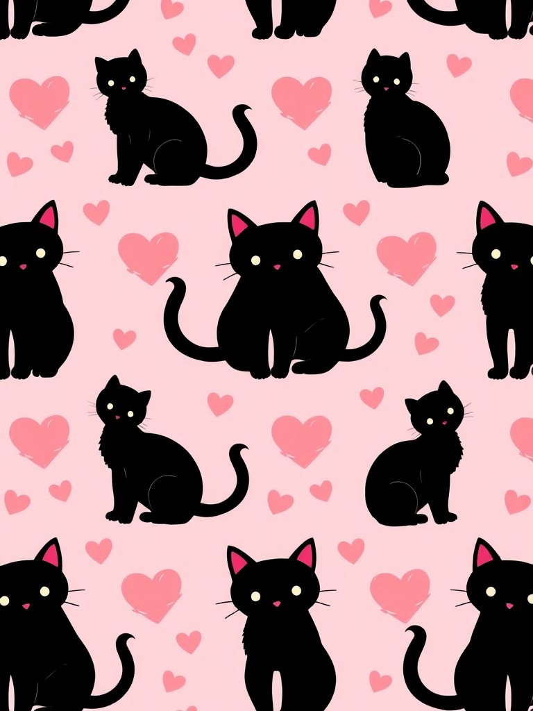 Generate a seamless pattern design featuring silhouettes of playful cats in soft pink tones with heart shapes in the background, shot with a Canon EOS R5 at f/8 with a 50mm lens, in a flat lay view to emphasize the repeating design, using vibrant colors for enhanced quality.
