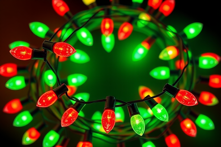 Generate a vibrant illustration of a circular string of Christmas lights with red and green bulbs, captured in a close-up view, using a DSLR camera with an f/2.8 aperture, ISO 100, and a shutter speed of 1/60 seconds for enhanced image quality.