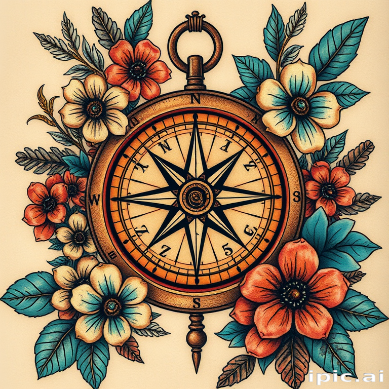 Realistic neo-traditional tattoo portraying a vintage compass surrounded by lush botanical elements, rich earth tones with pops of turquoise, weathered antique look with subtle gradients