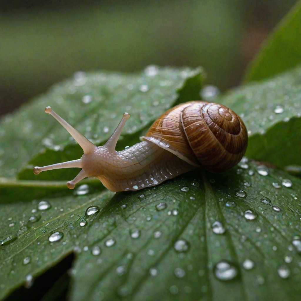 Sharp, high-resolution close-up of a snail slowly making its way across a dewy leaf, soft light reflecting off its slimy trail, tiny details of the leaf's veins visible, and the quiet stillness of the moment.