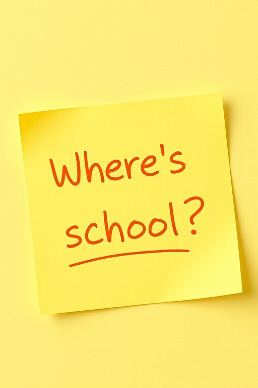 Yellow post-it note, hand written in orange pen text "Where's the school??", 3d, hd, hyper realistic,