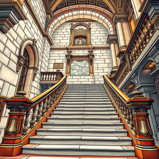 create a detailed color illustration of a grand staircase with ornate wooden handrails, stone walls, and elegant carvings, shot with a wide-angle lens at f/8, ISO 100, 1/60 sec, from a low angle to emphasize the height and grandeur of the staircase, using a DSLR camera for sharpness and depth of field