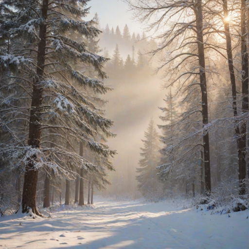 capture a serene winter forest landscape with mist rolling over snow-covered trees using a Canon EOS 5D Mark IV, 50mm lens, aperture f/8, ISO 100, shutter speed 1/200s, golden hour soft light, shallow depth of field for atmospheric effect