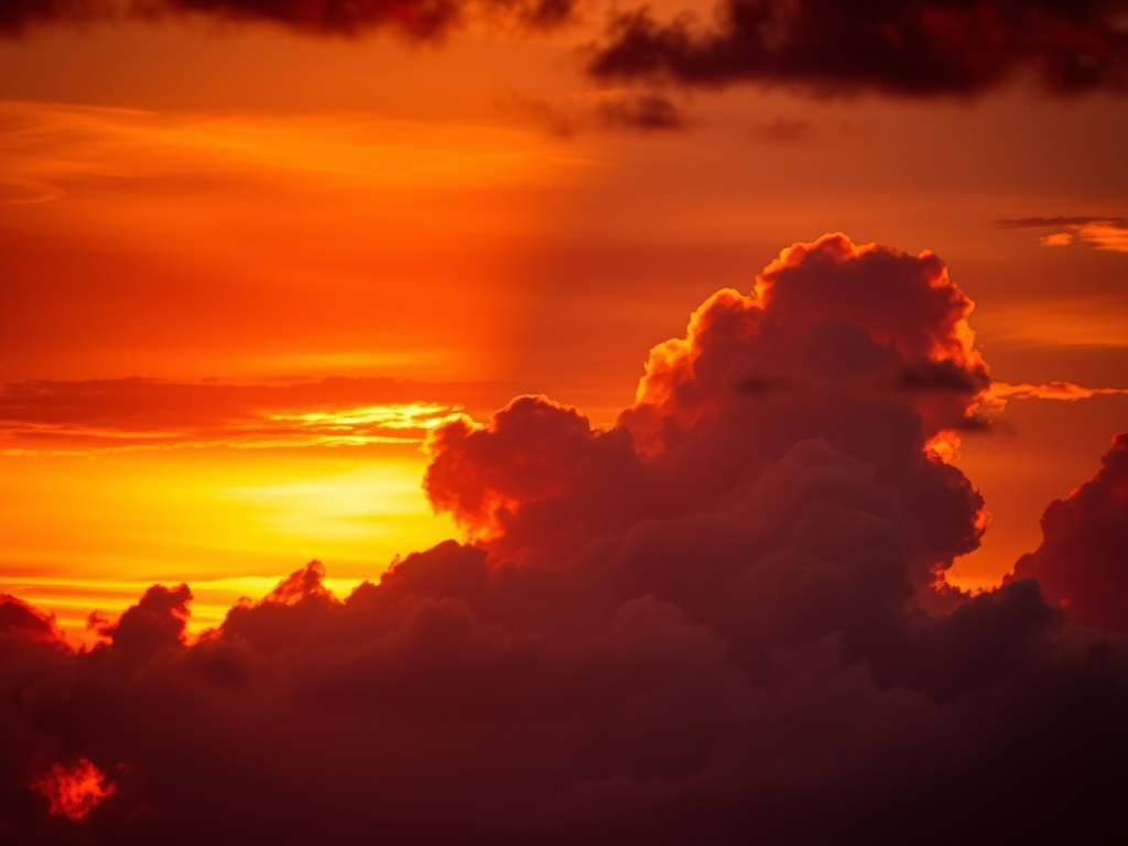 sunset behind dramatic clouds with vibrant orange and red hues, captured with a Canon EOS R5, settings at f/8, ISO 100, 1/250s, 50mm lens, shot from a low angle for a more dynamic perspective, using HDR technique for enhanced detail and color richness