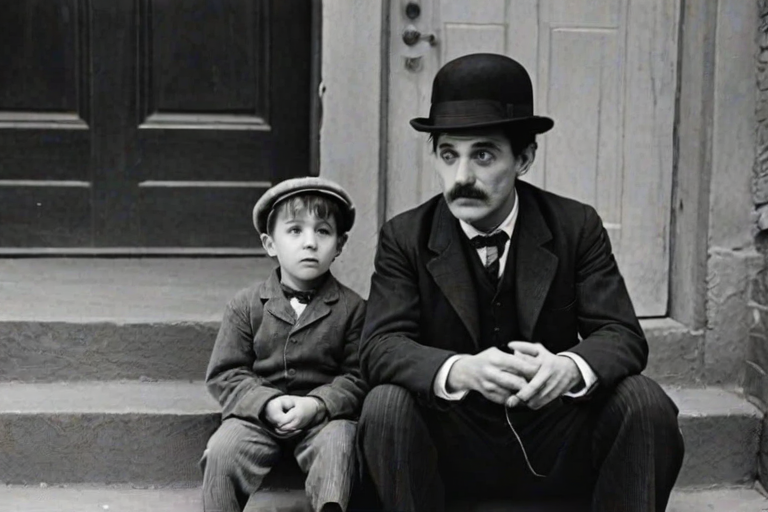 A black-and-white photograph of a man and a child sitting on steps in front of a doorway. The man is dressed as a tramp with a bowler hat, mustache, and ragged clothes, reminiscent of Charlie Chaplin's iconic look. He is sitting with his arms crossed and an expression of slight sadness or frustration. Next to him is a young boy, also in worn clothes and a cap, sitting with his hands clasped, looking thoughtful. The background is an old, textured wall and a partially open door, creating a vintage, early 20th-century atmosphere.