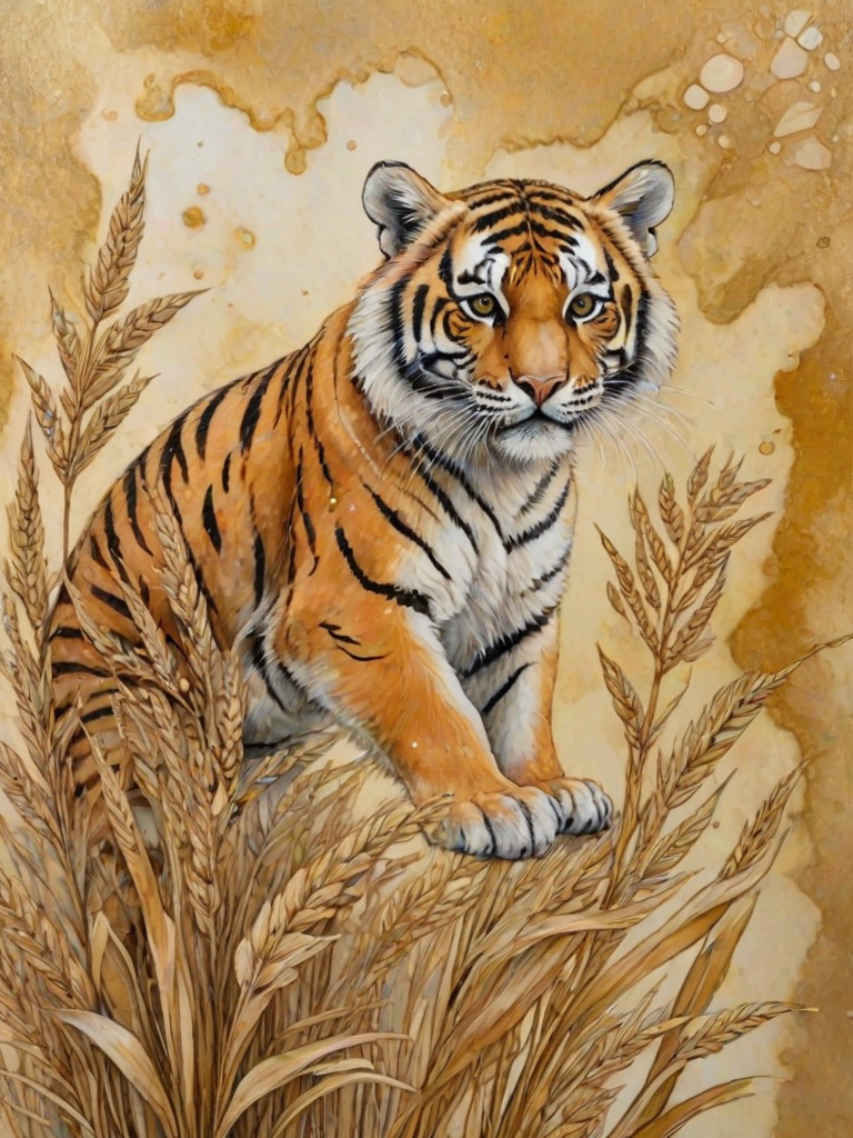 Soft, muted Alcohol Ink with ebru effect background image of tiny whimsical tiger, who climbed high on the top of a golden rye ear.