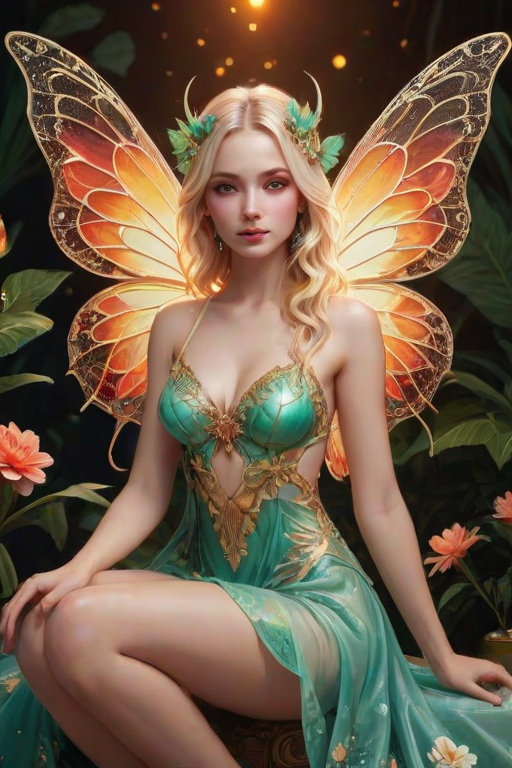 A digital artwork features a winged fairy with delicate Pineapple butterfly wings, adorned with intricate Mint andCream patterns. She is seated on a vibrant Vermilion flower, wearing a revealing red two-piece outfit with sparkling beadwork. Her fair skin, long blonde hair, and gold jewelry add to her ethereal appearance. The background is a warm, golden gradient, creating a magical atmosphere. Small glowing orbs and sparkles surround the flower, enhancing the enchanting, highly detailed, and realistic scene.