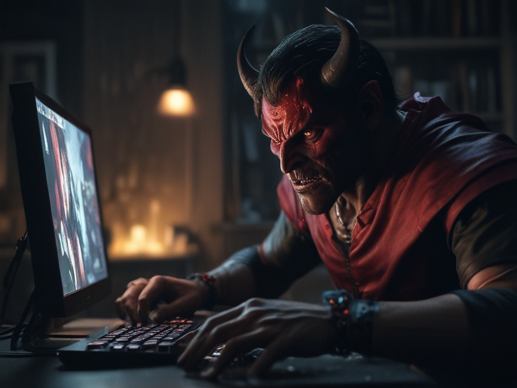 The devil playing video games on a pc in the dark with a dim light ...