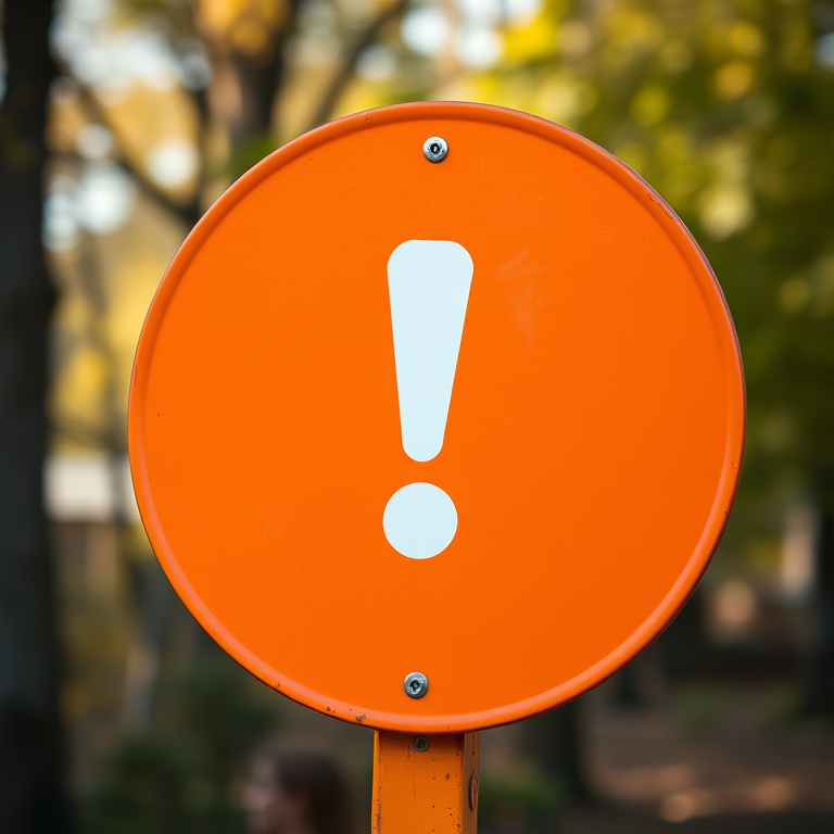 Create a vibrant orange circular warning sign with a bold white exclamation mark in the center, shot in high resolution with a DSLR camera, 50mm lens, aperture set to f/2.8, ISO 200, with soft natural lighting and a shallow depth of field.