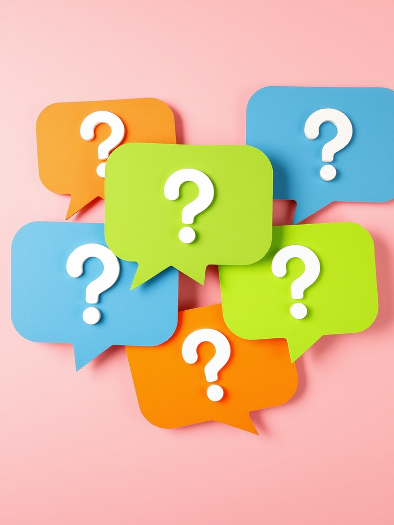 Create a vibrant image of overlapping speech bubbles in pink, green, blue, and orange colors with white question marks inside, using a soft gradient background for depth, shot with a Canon EOS 5D Mark IV at f/5.6, ISO 100, 50mm lens, in a flat lay view for a clean presentation.